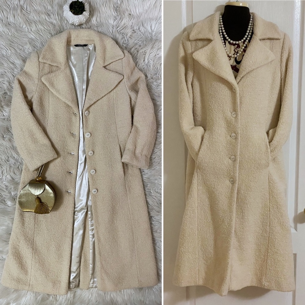 Stunning vintage Cream Midi Teddy Fully Lined Single Breasted Peacoat, Sz XS/S